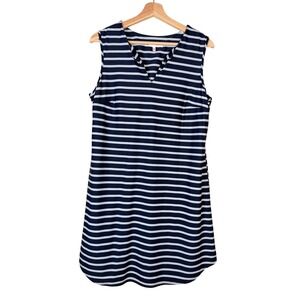 Jude Connally Navy‎ White Striped V Neck Sleeveless Dress Size L Made USA Resort